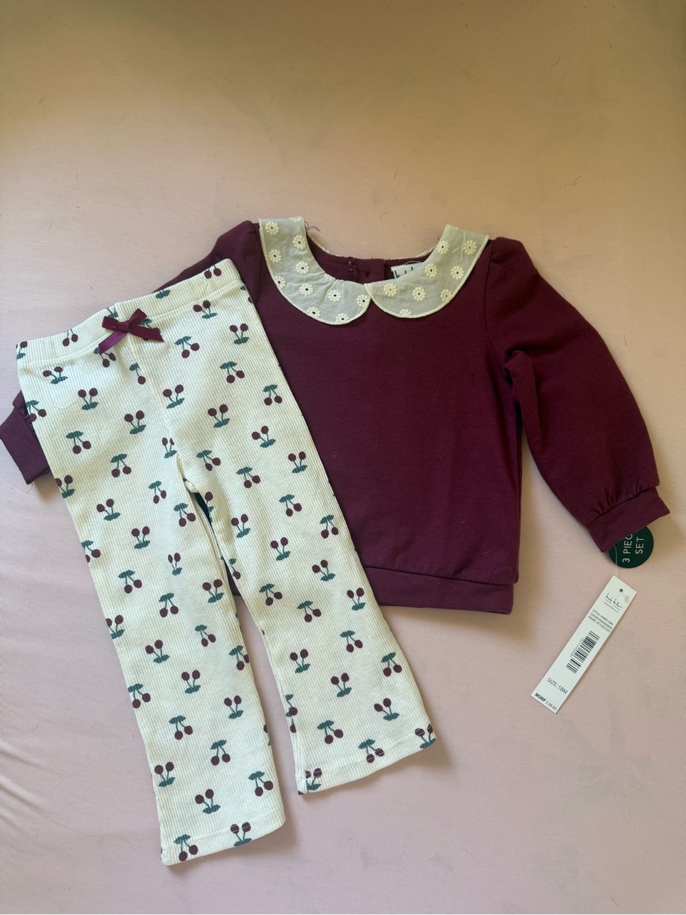 Girls Burgundy & Cream Cherry Day Set with Scallop Collar